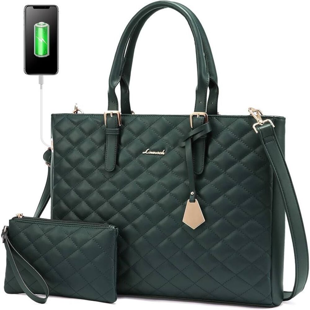 Lovevook Green Quilted Laptop Bag with Clutch 2 piece NWT